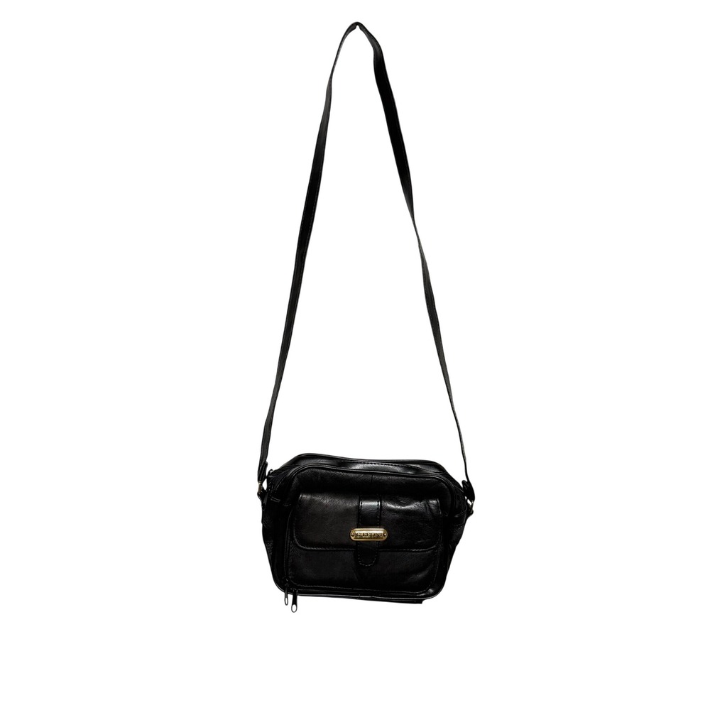 G. Leoni Black Leather Crossbody Bag Gold Tone Logo Camera Bag Multi Pocket